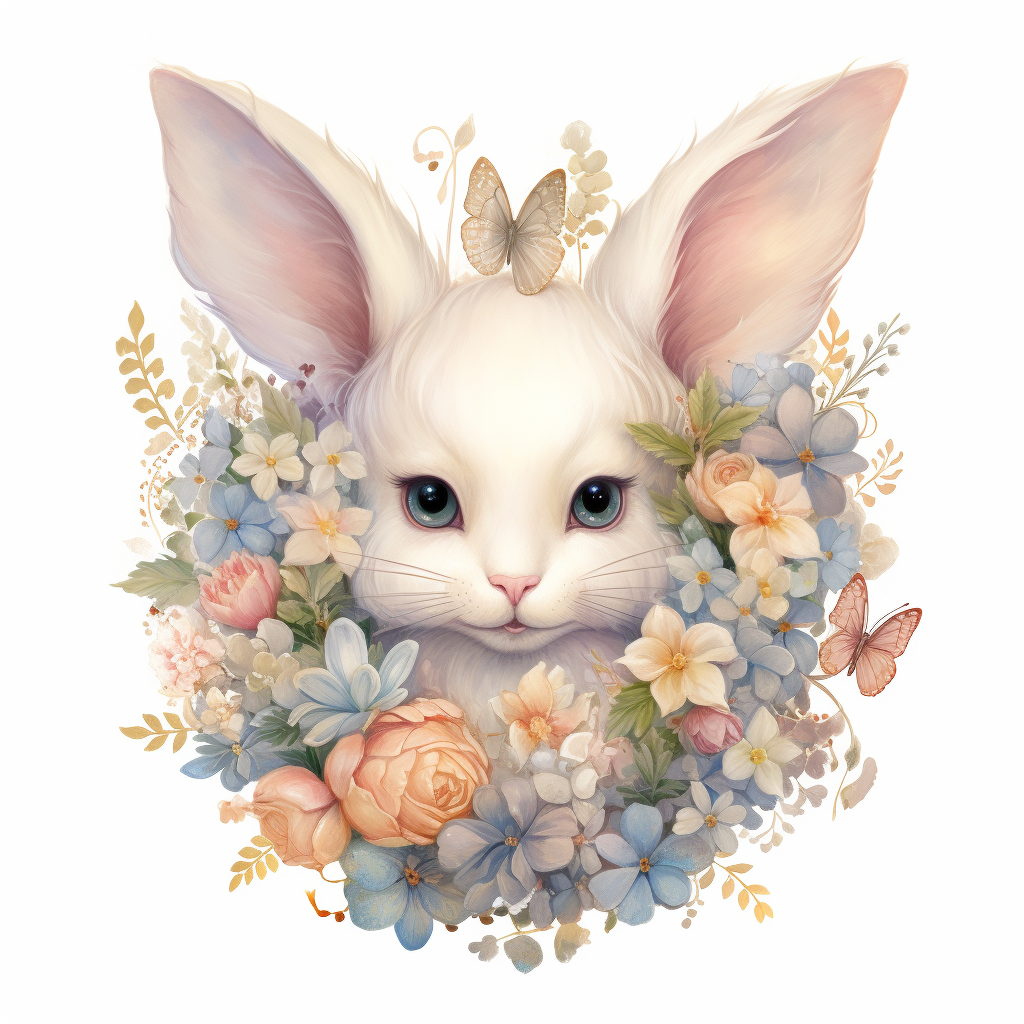 White bunny with fairy wings and flowers