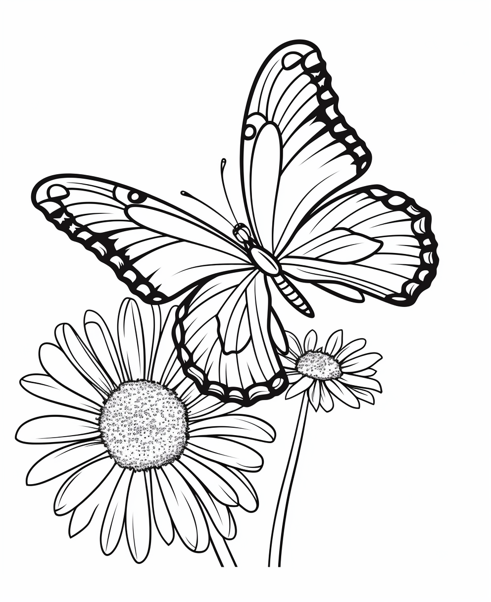 Vector outline of a cute butterfly near a daisy