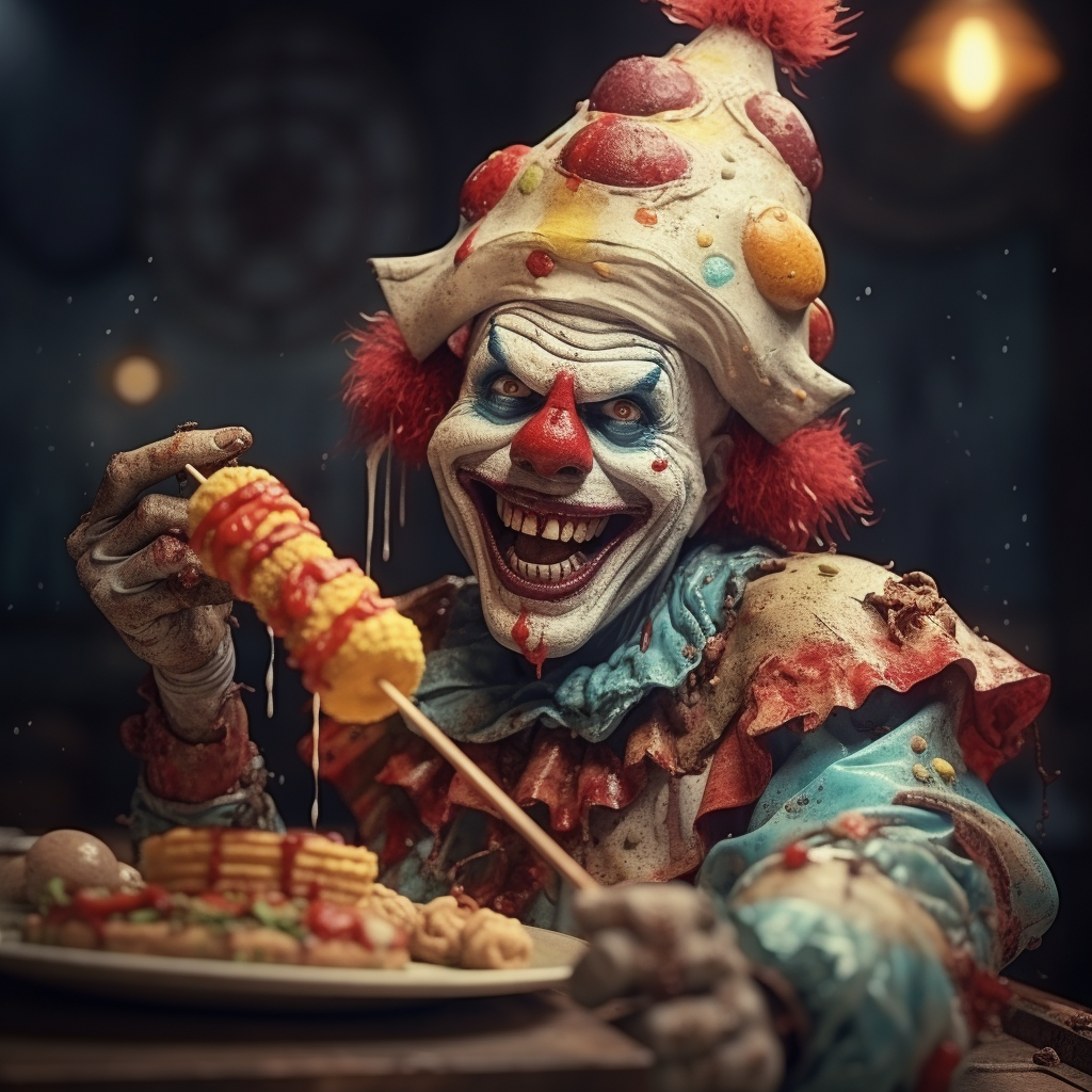 Cute Carnival Clown Eating Meat Skewer