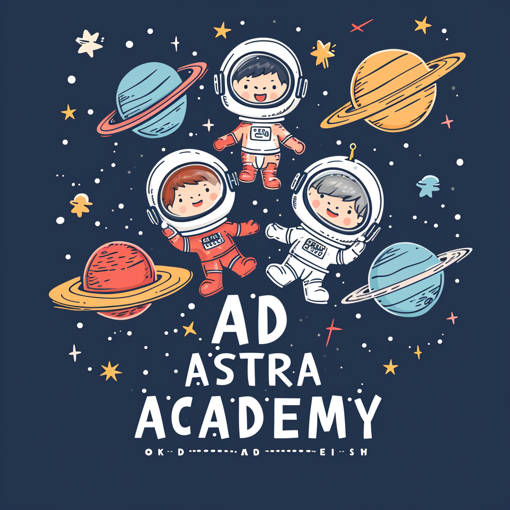 Cartoon of cute astronauts, planets, and rockets