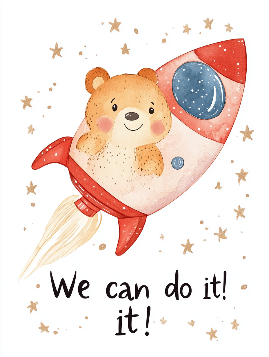 Cute bear flying rocket space