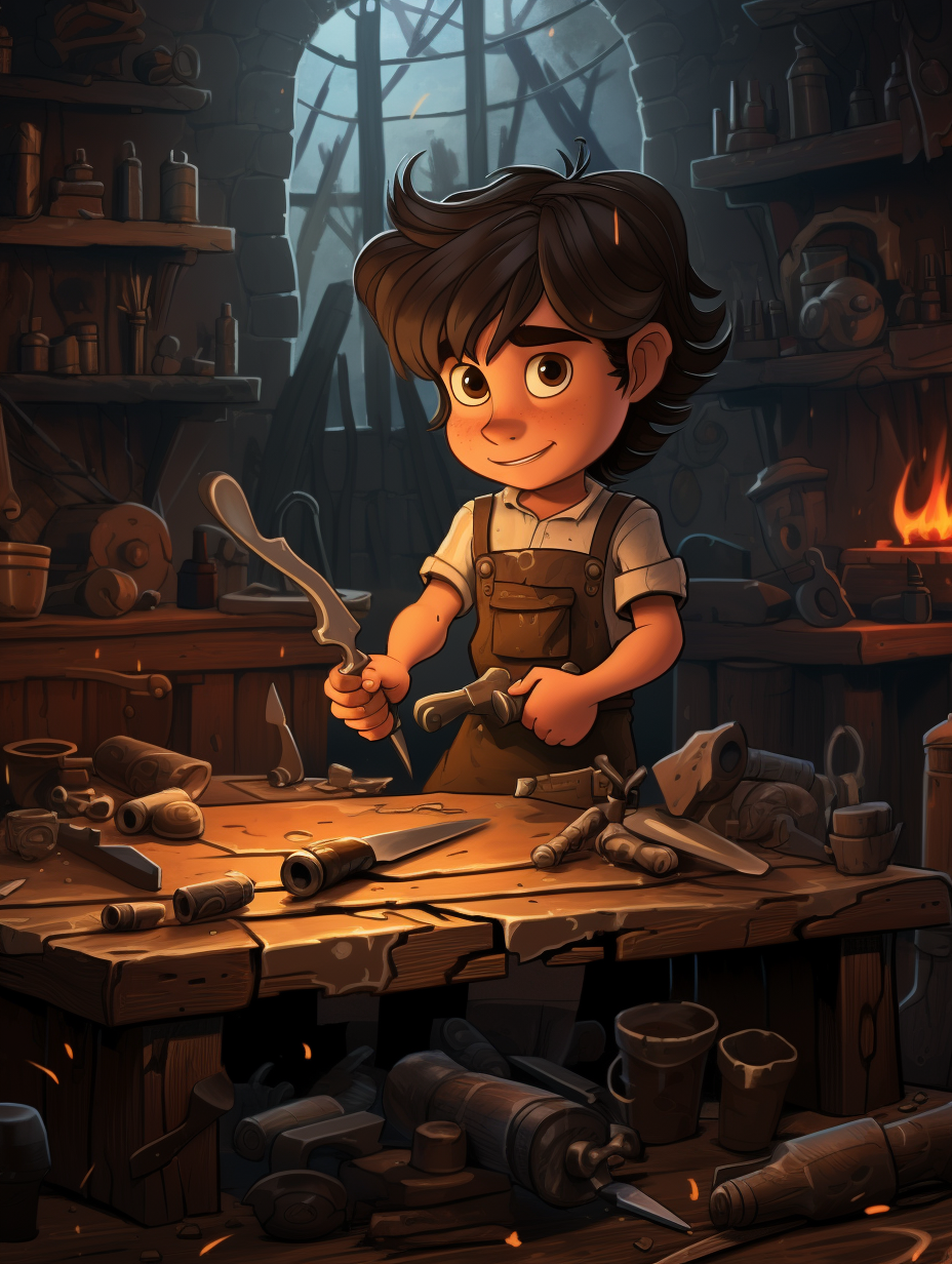 Cartoon blacksmith forging a knife