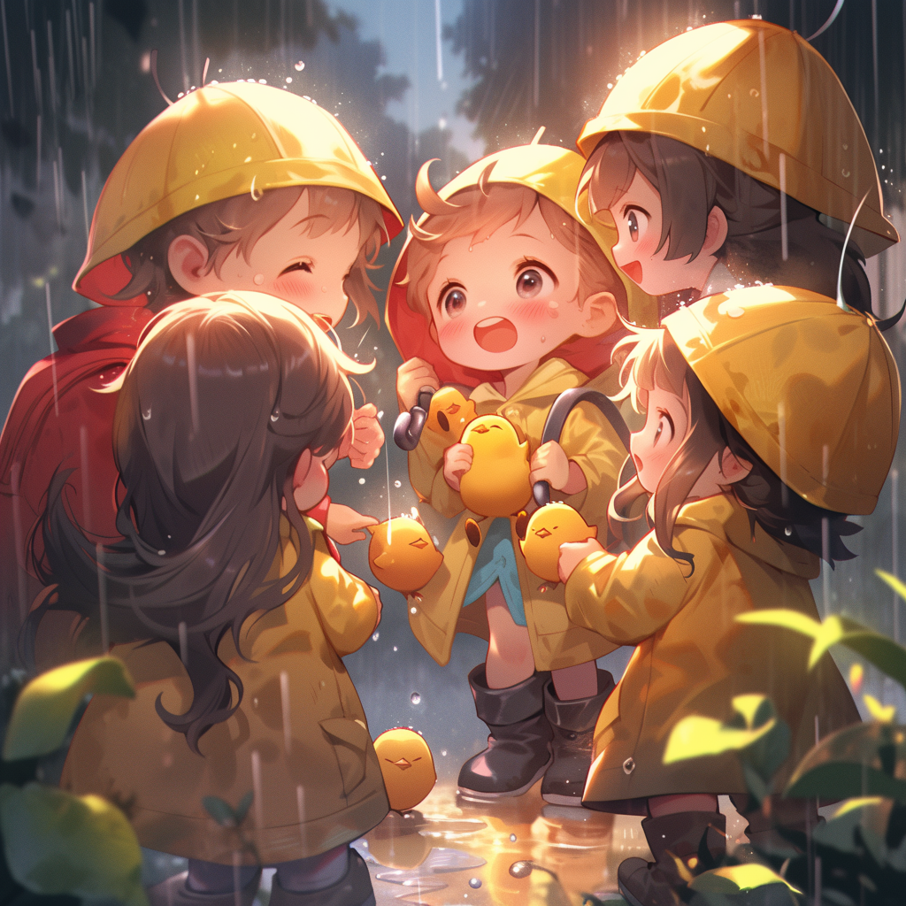 Cute cartoon boys and girls playing in rain