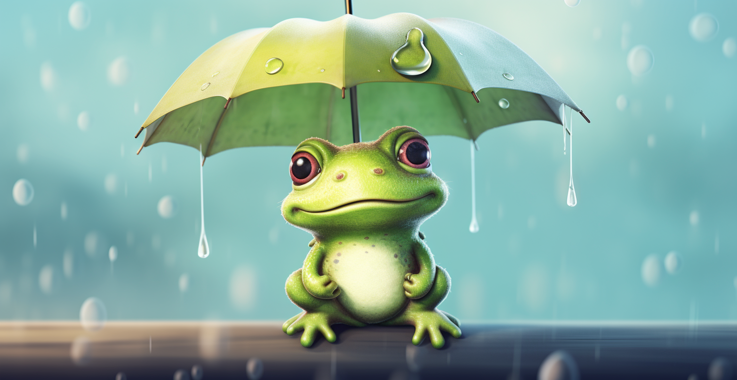 Cute cartoon frog with umbrella in rain