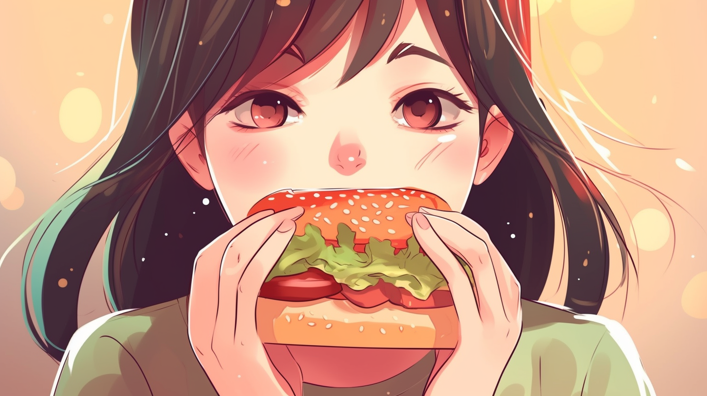 cartoon girl holding hamburger closeup