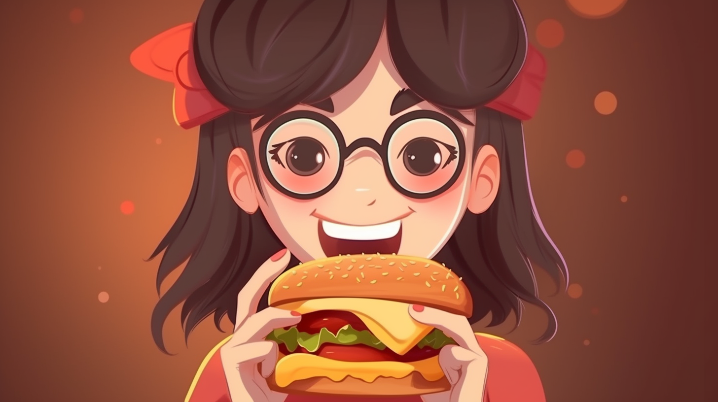 Cute cartoon girl holding hamburger