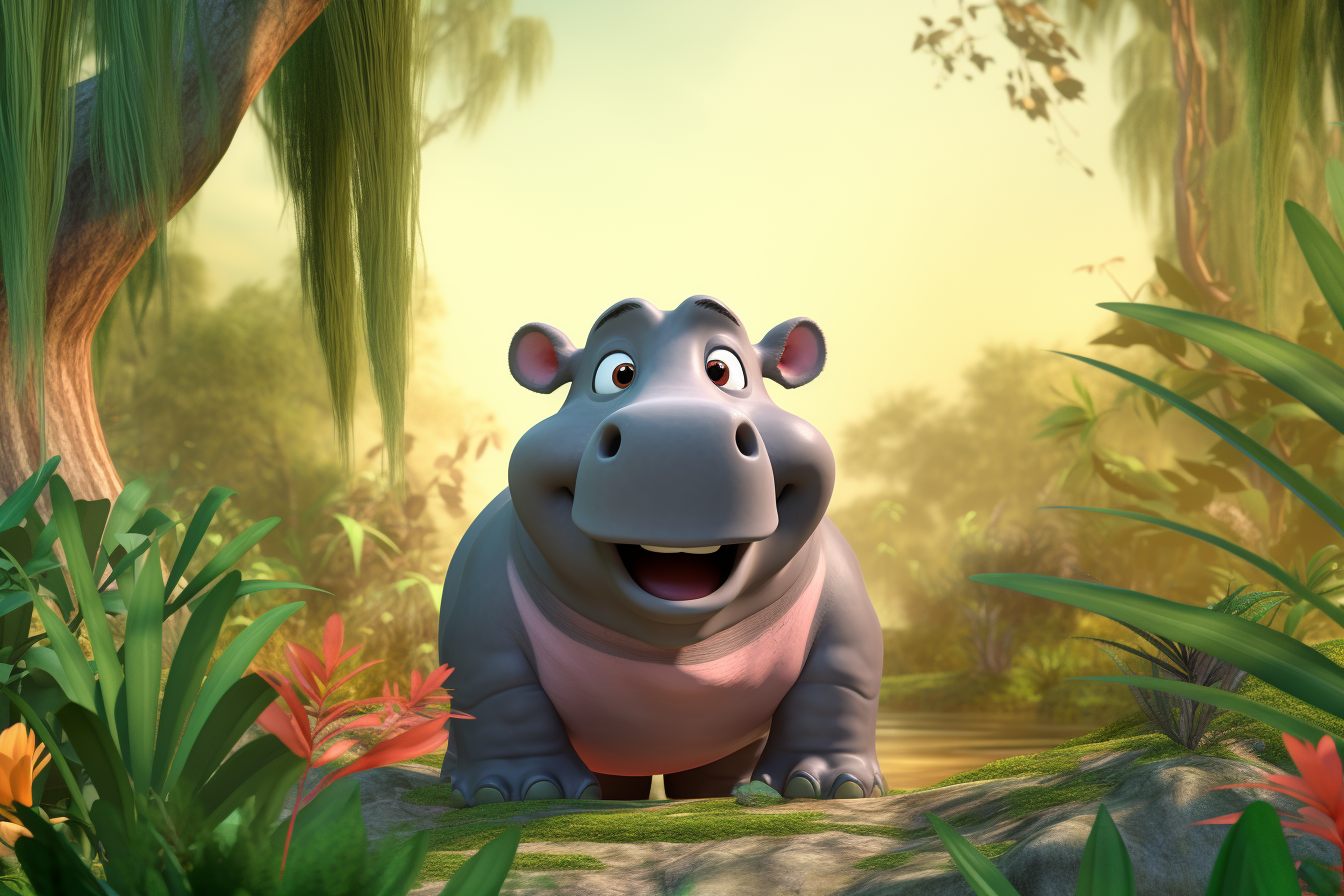 Cartoon Hippo Standing in Forest