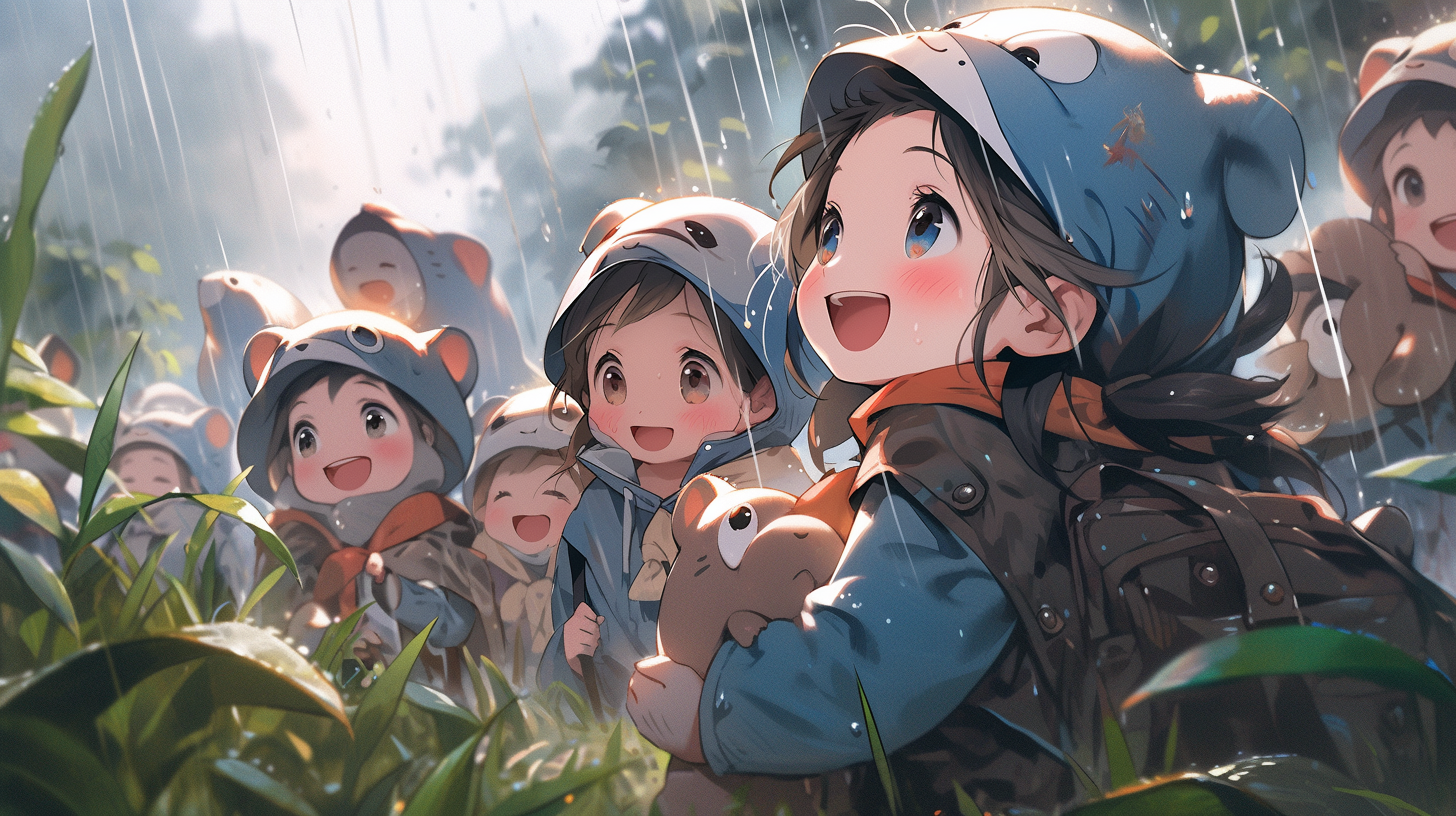 Cute Cartoon Kids in Rain Playing