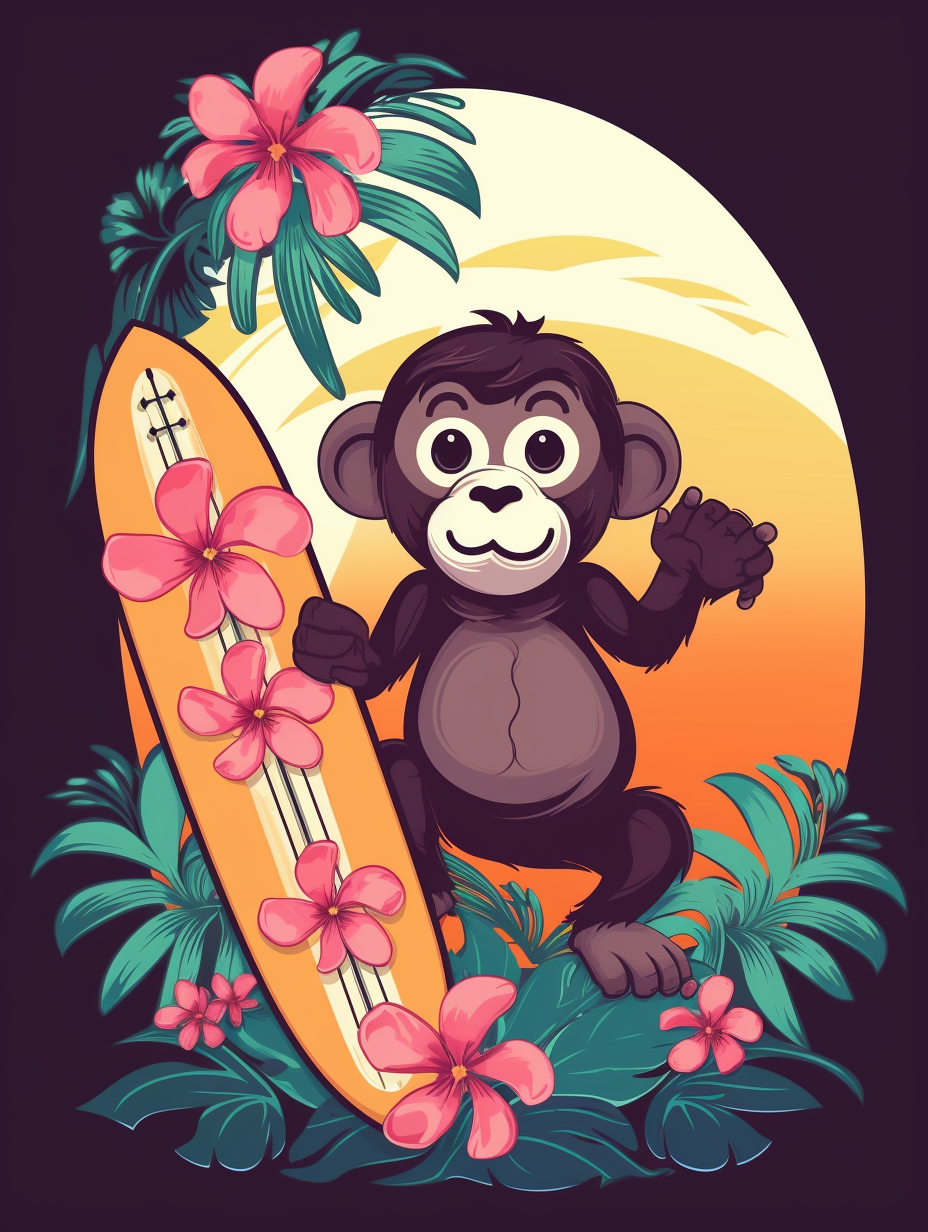 Cute monkey surfing with tropical vibes