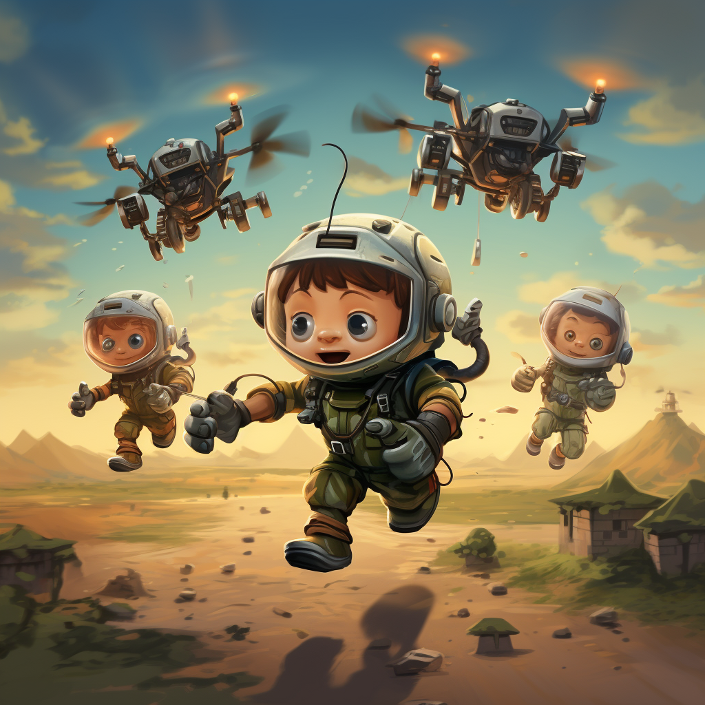 Adorable cartoon drone chasing soldiers