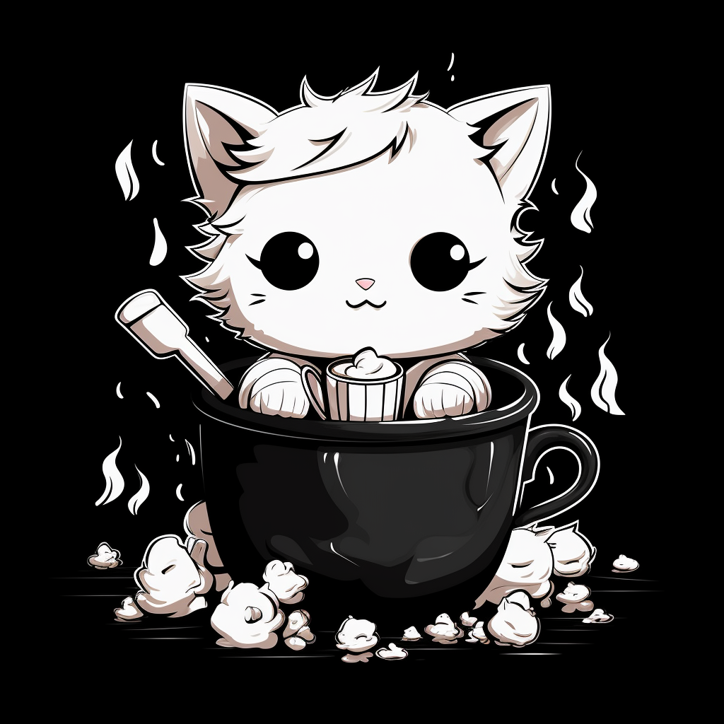 Adorable cat sitting in a coffeepot with sweets