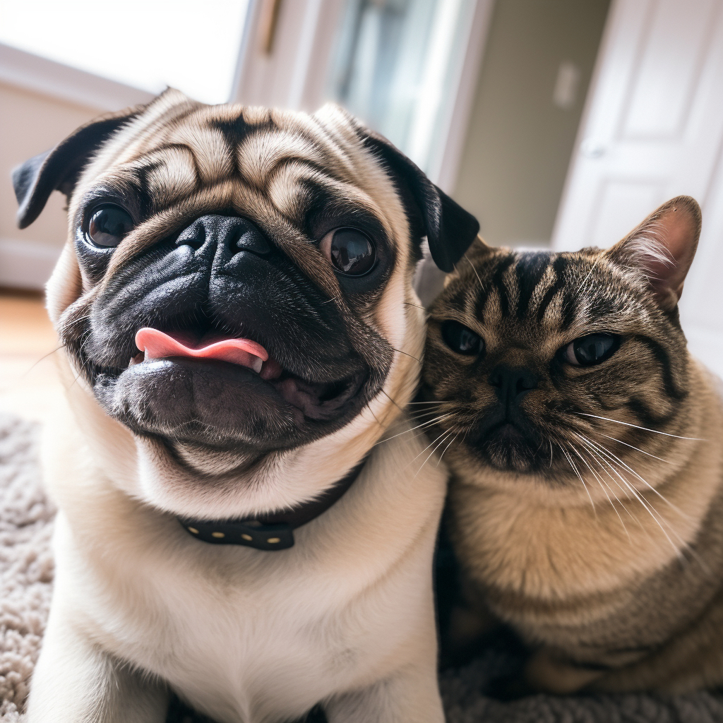 Selfie of Ginger Cat and Pug Dog