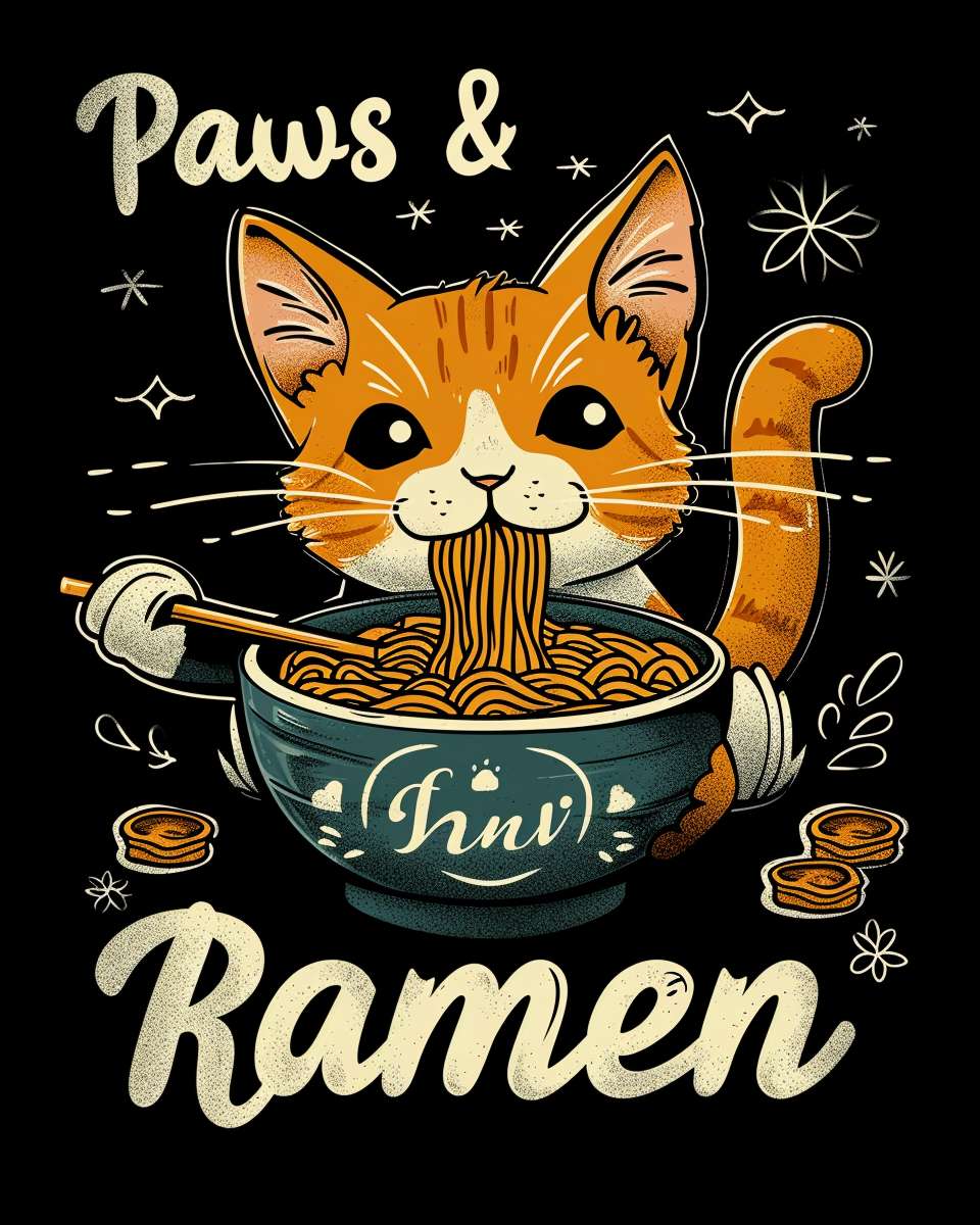 cute cat eating ramen illustration