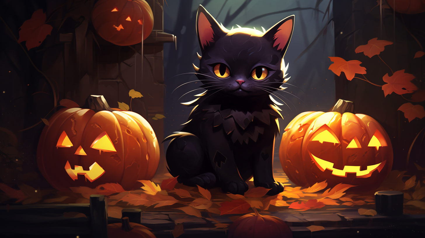 Cute cat surrounded by stylized Halloween pumpkins