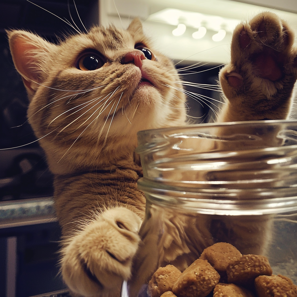 Cute cat with hand in cookie jar