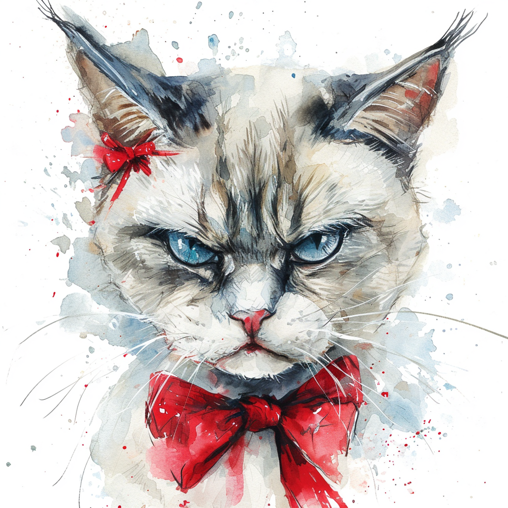 Watercolor Illustration of Playful Cat with Red Bow