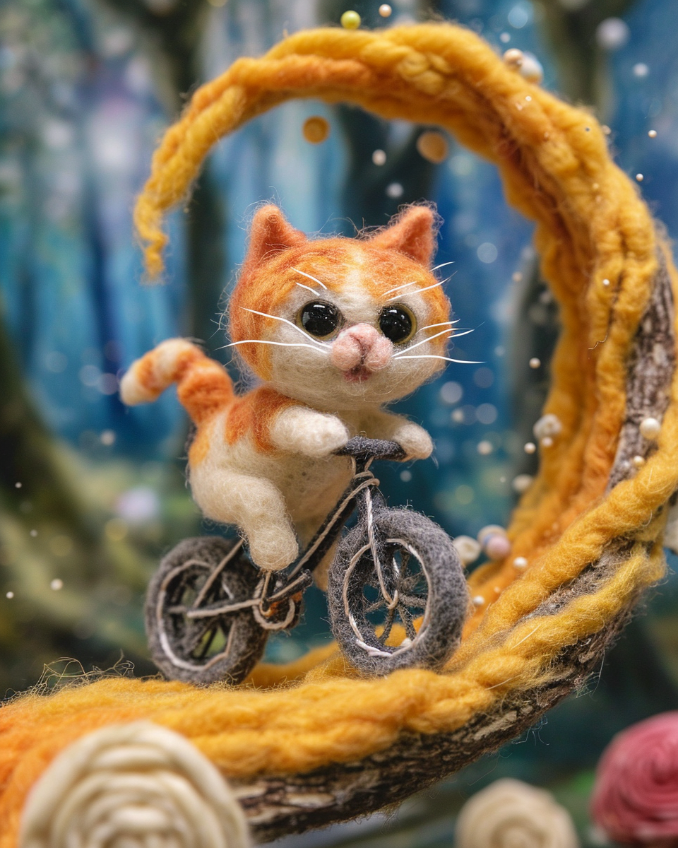 Cute cat riding bike into time travel portal