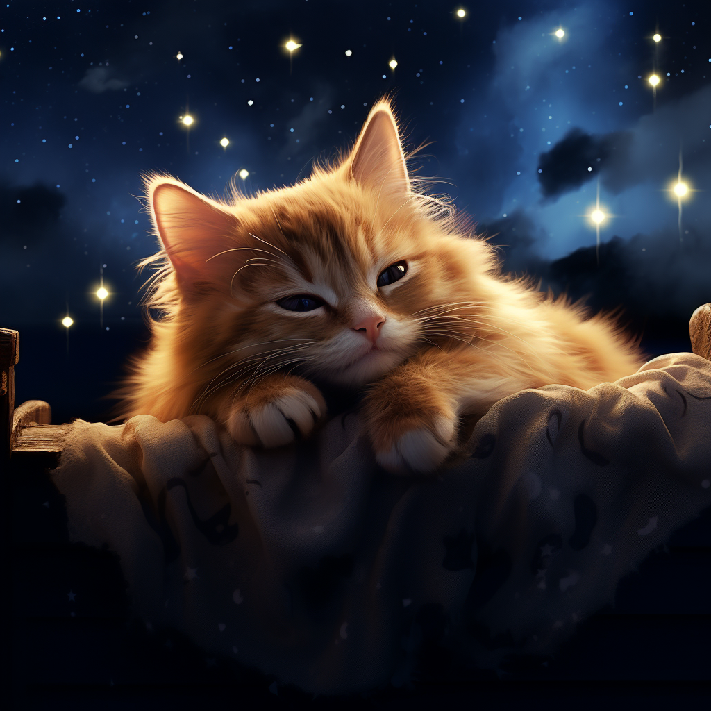 Cute Cat Sleeping on Bed with Night Sky Stars