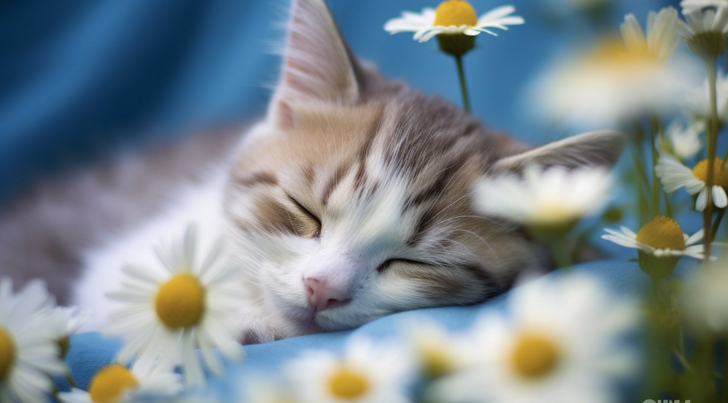 Cute Cat in Blue Daisies