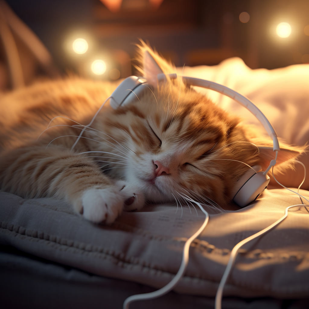 Cute cat sleeping with earphones and smartphone