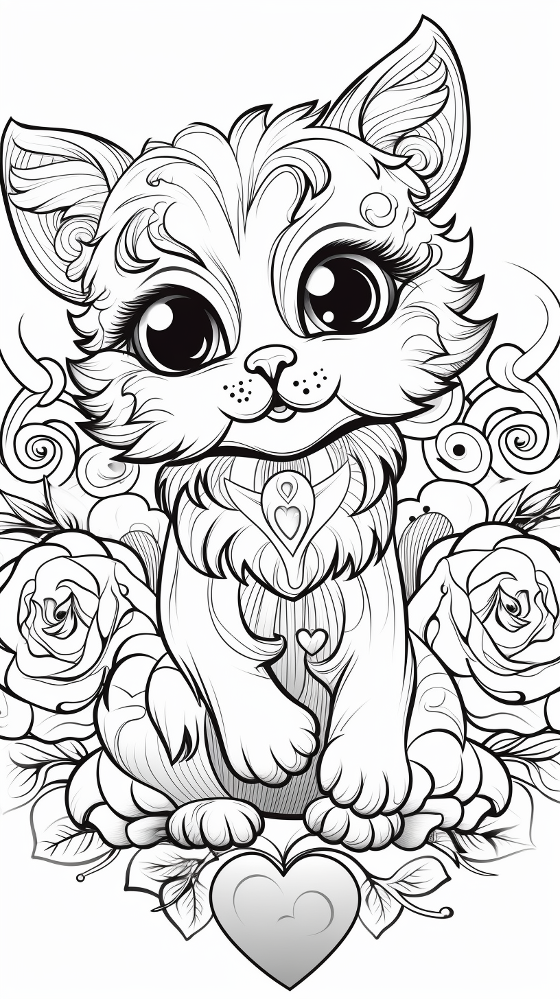 Cute cat with Valentines Day hearts coloring book