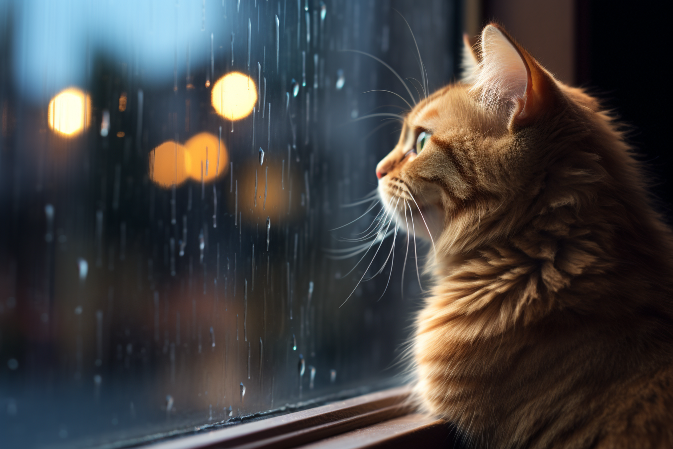 Cute cat on window sill with rain