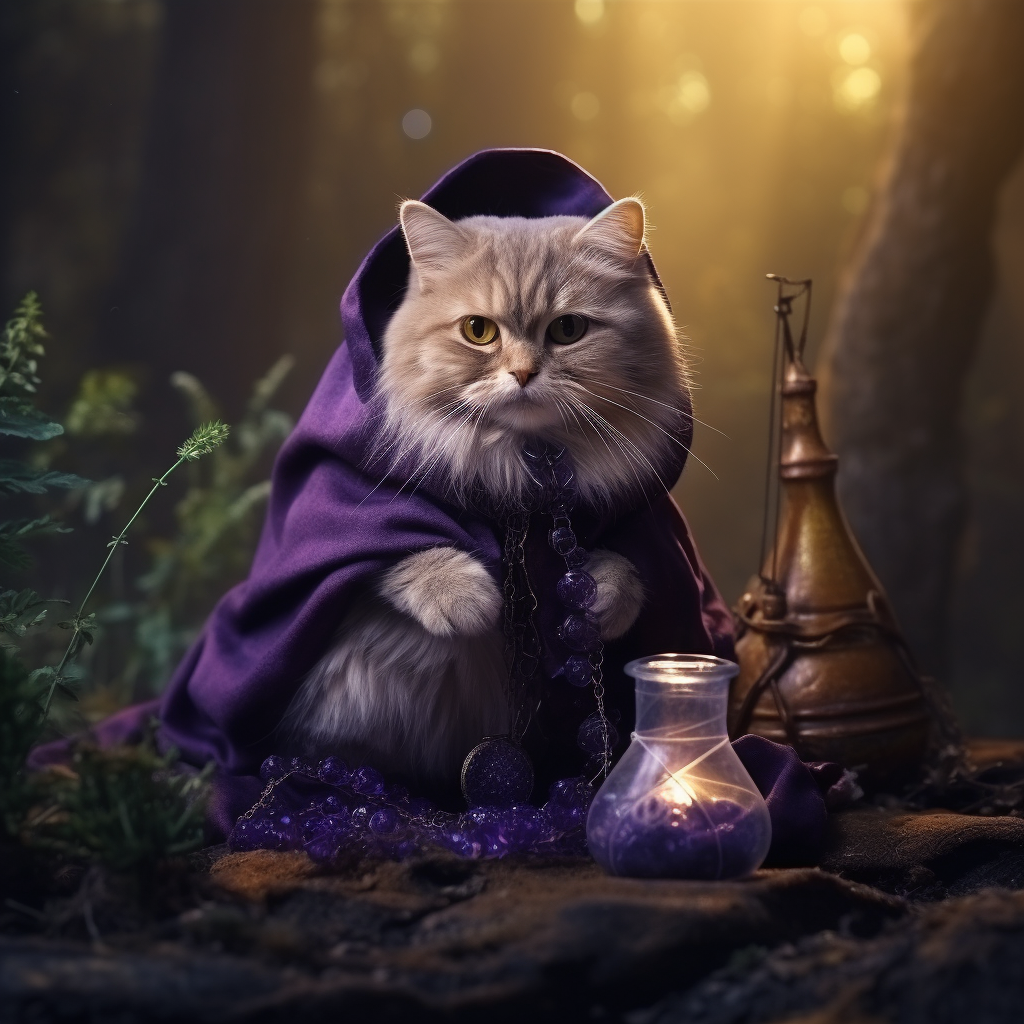 Cute cat in wizard costume creating purple potion