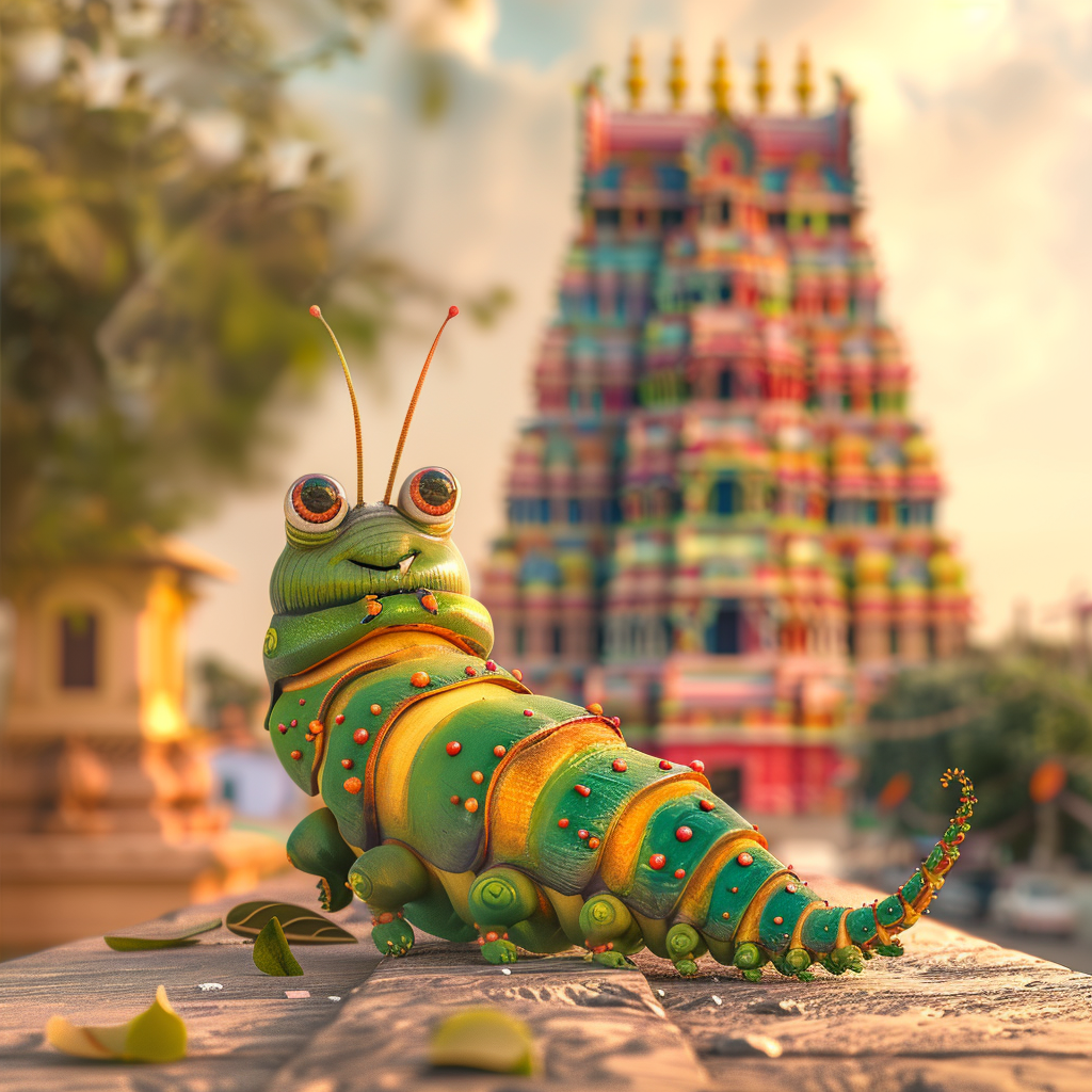 Cartoon caterpillar entering Chennai temple