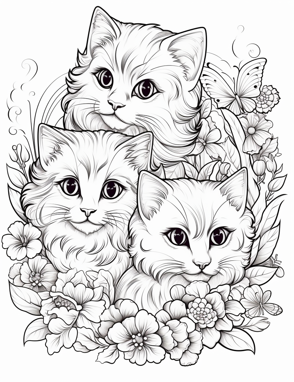 Coloring Book Page with Cute Cats and Kittens