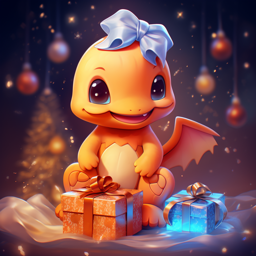 Charmander Pokemon holding a Christmas present