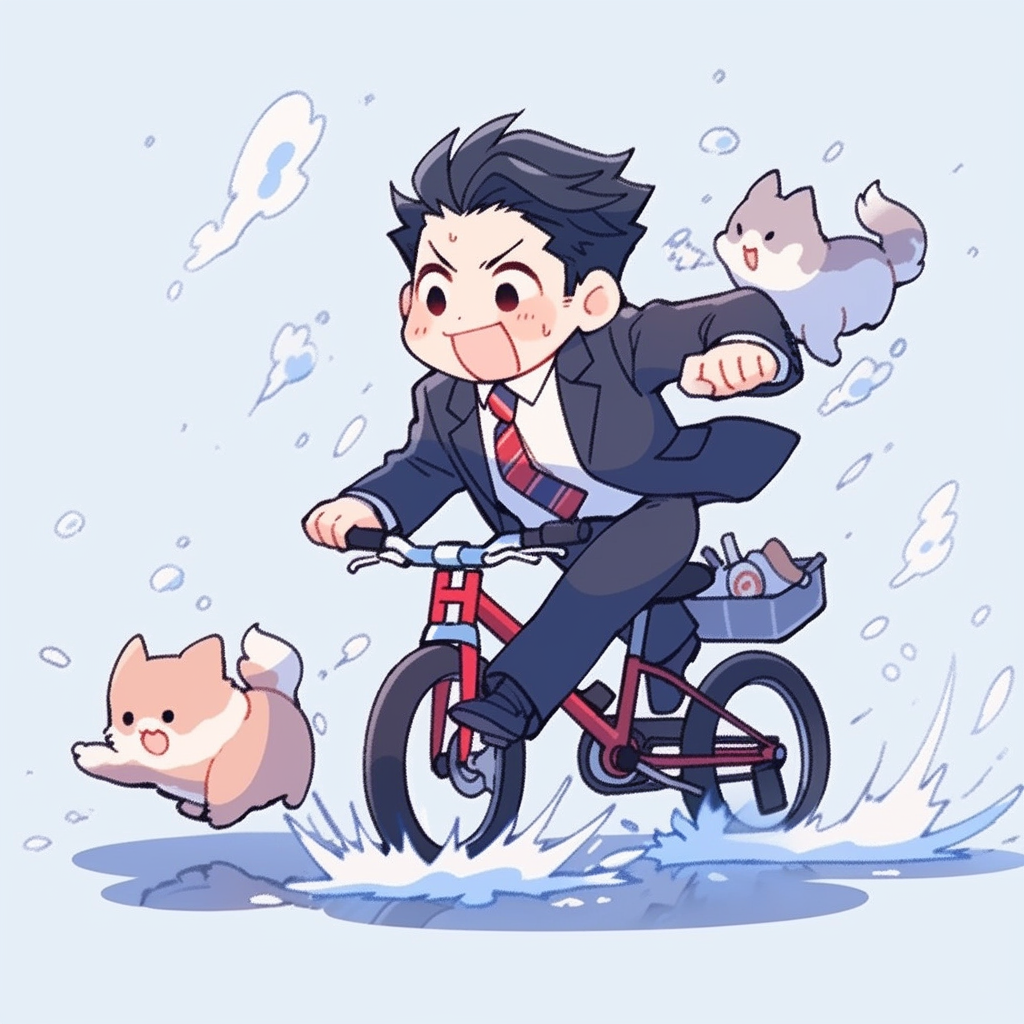 Cute chibi businessman running, swimming, biking