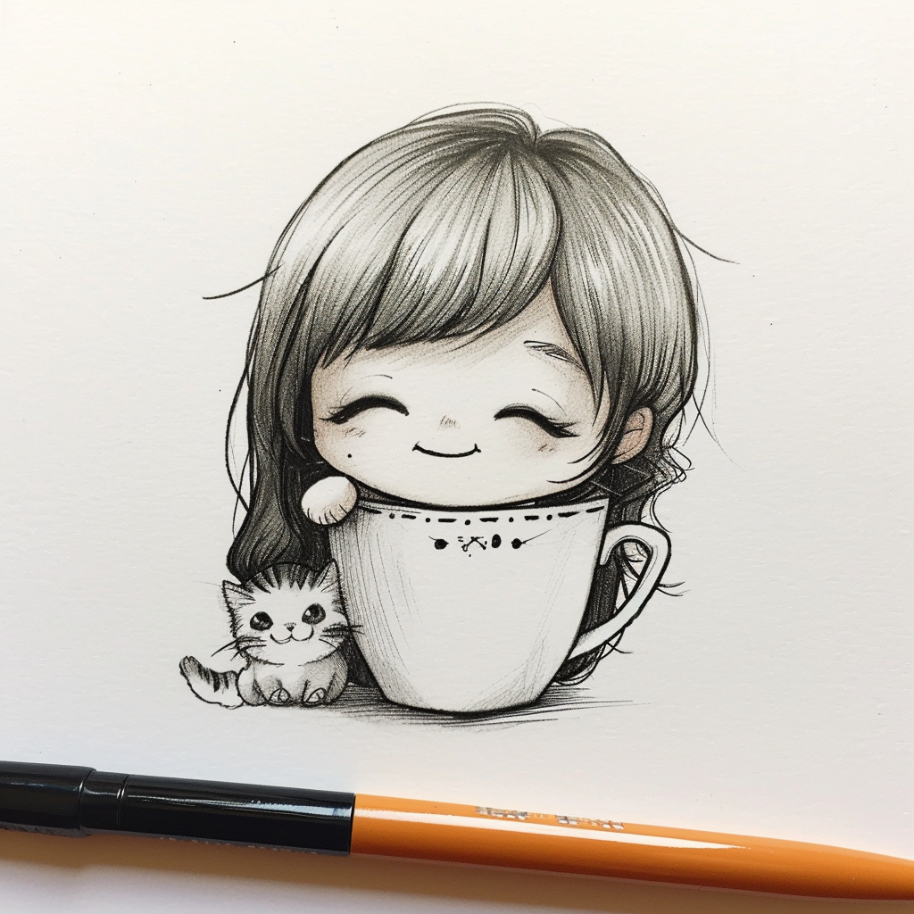 Cute Chibi Girl with Cat in Cup