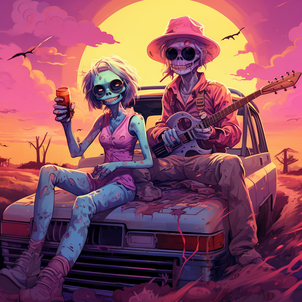 Cute child zombie couple playing guitar