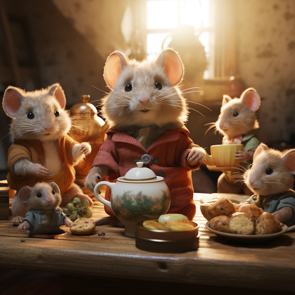 Chubby brown mouse having a tea party