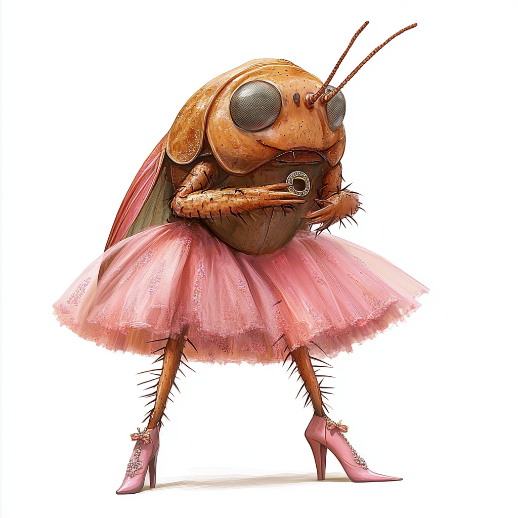 Cute brown cockroach in pink skirts