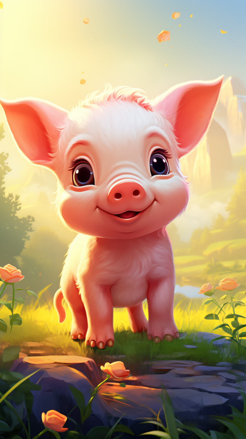 Adorable cartoon piglet in beautiful nature