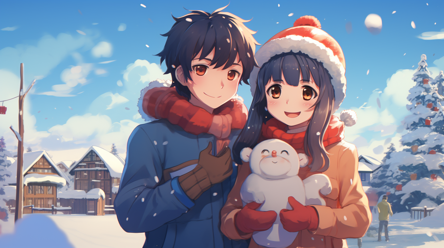 Cute couple building snowman together