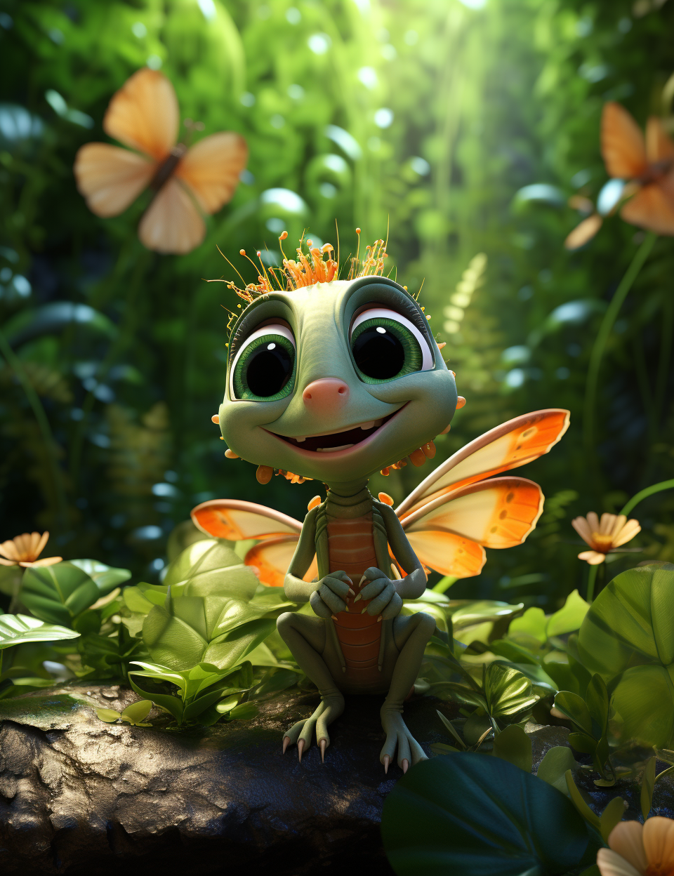 Adorable cricket in garden, Pixar style