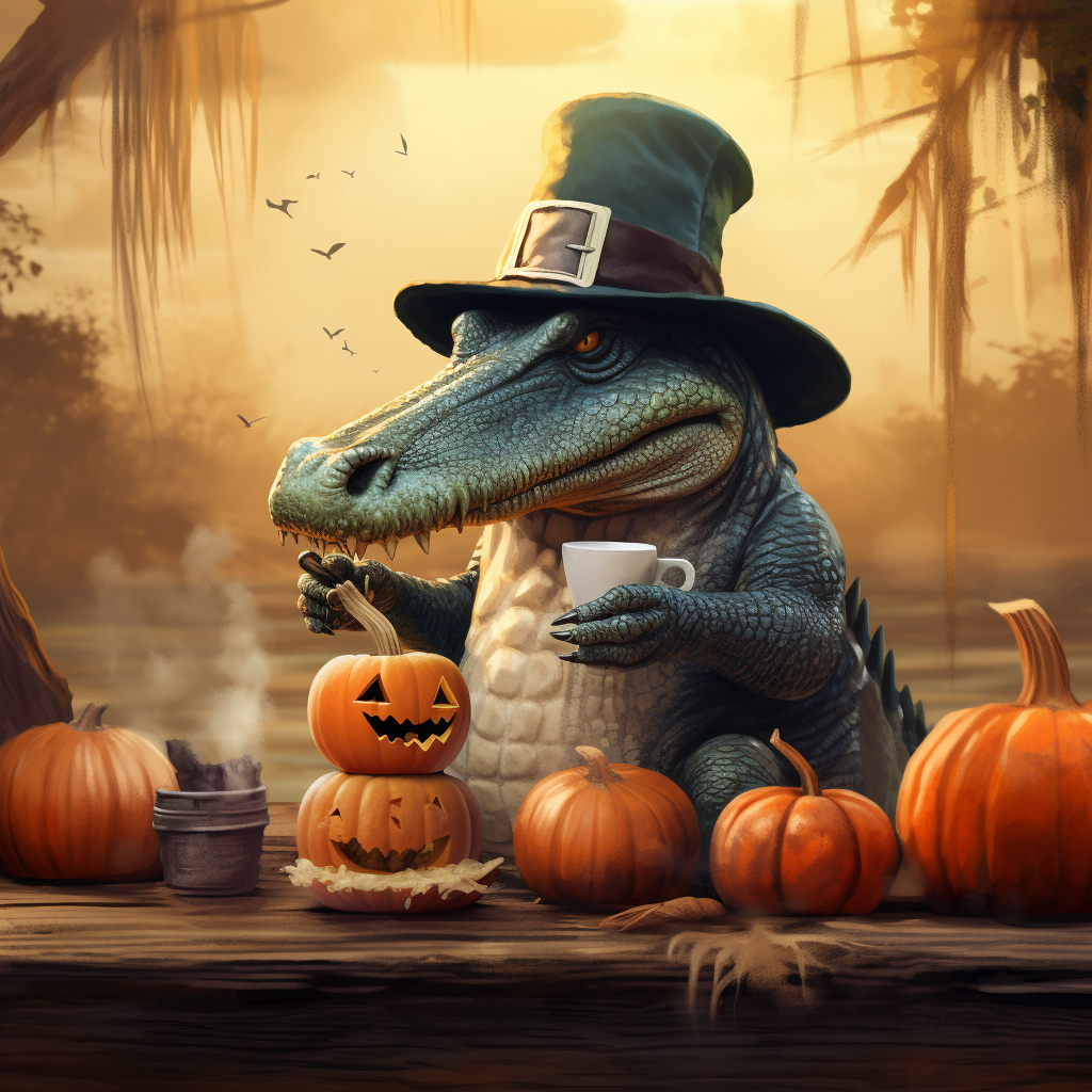 Cute crocodile eating with witch hat