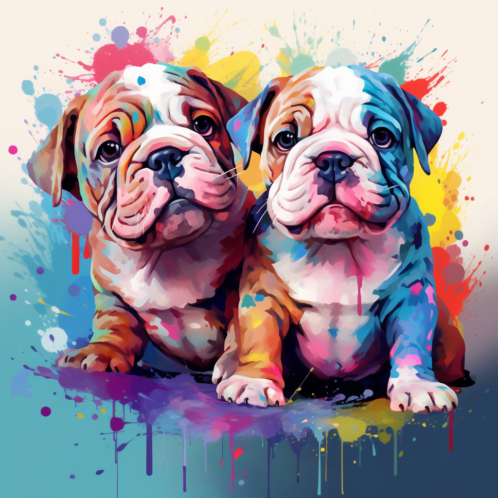 Illustration of cute cuddly bulldogs paint splatter