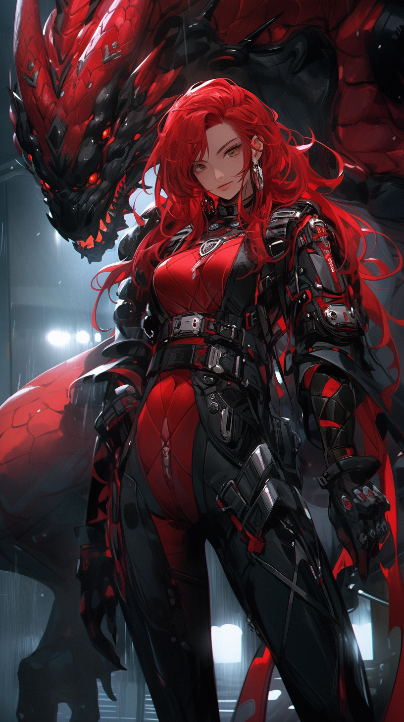 Cyberpunk female warrior with red hair and dragon