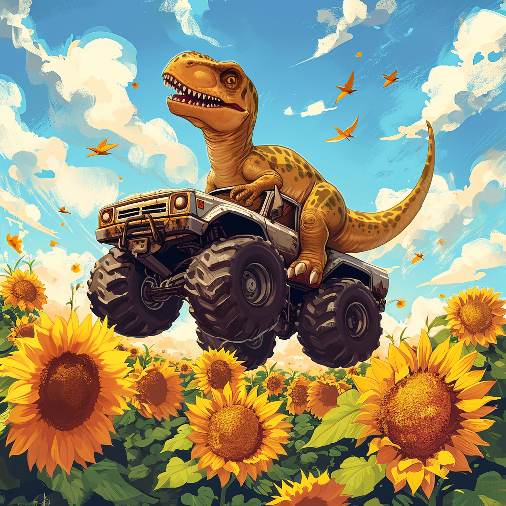 Dinosaur riding monster truck in sunflower field