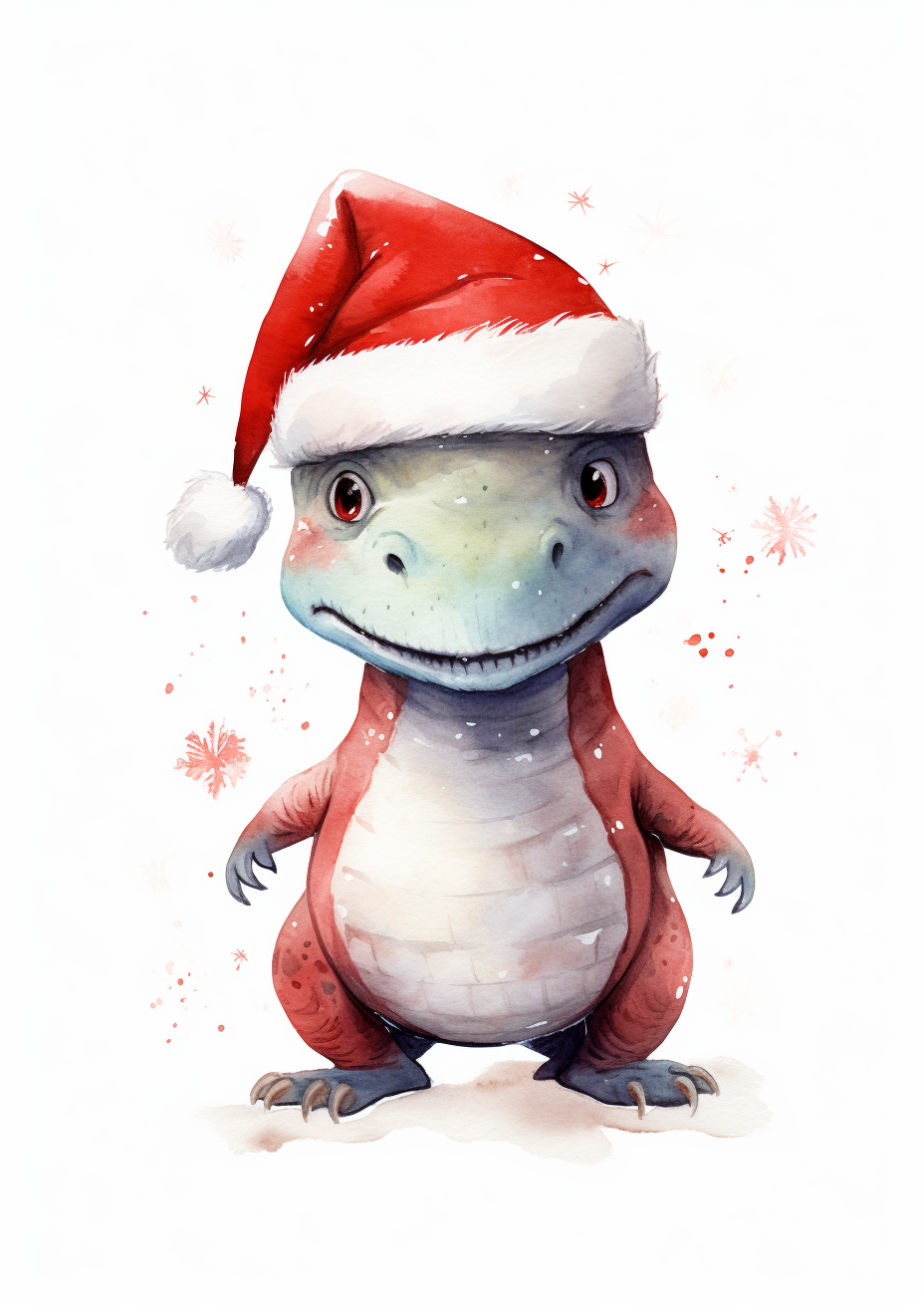 Watercolor dinosaur wearing Santa hat