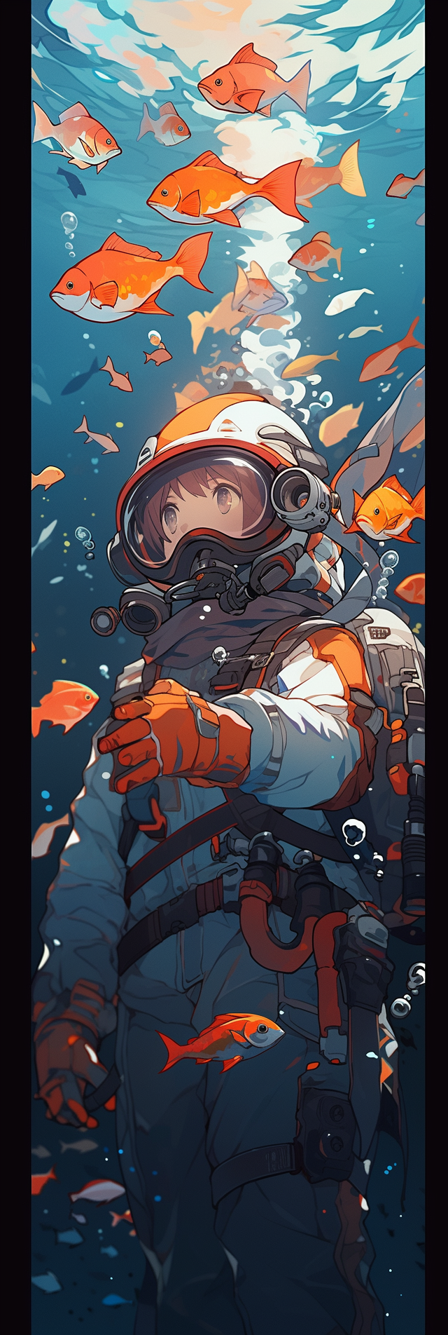 Cute diver surrounded by fishes