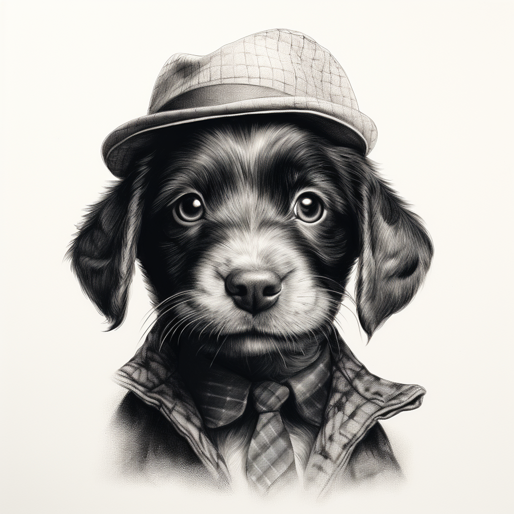 Minimal style black and white cute dog detective