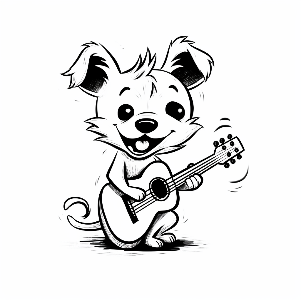 Simple black and white outline of a cute dog playing guitar