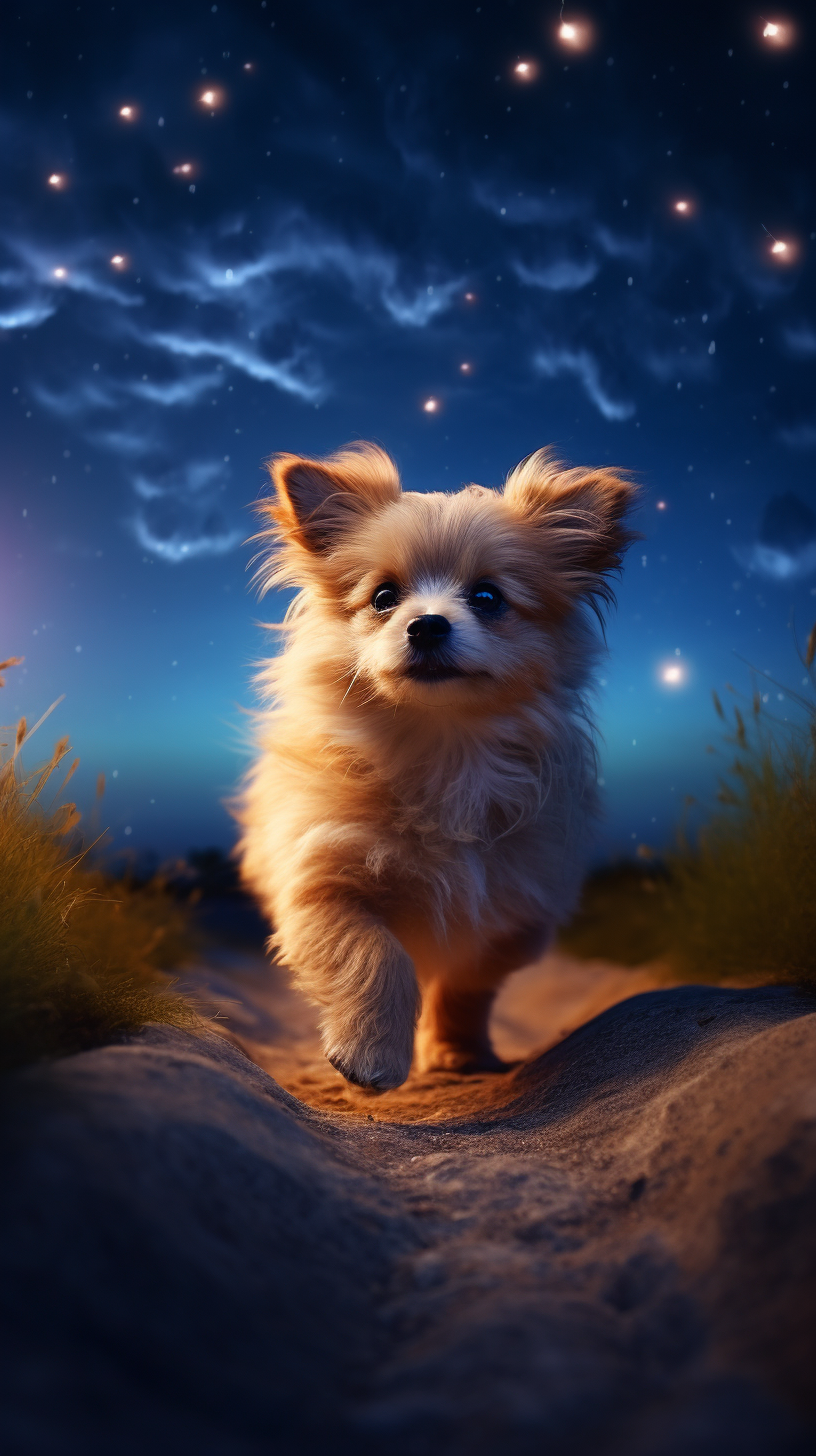 Cute dog running in vibrant night sky