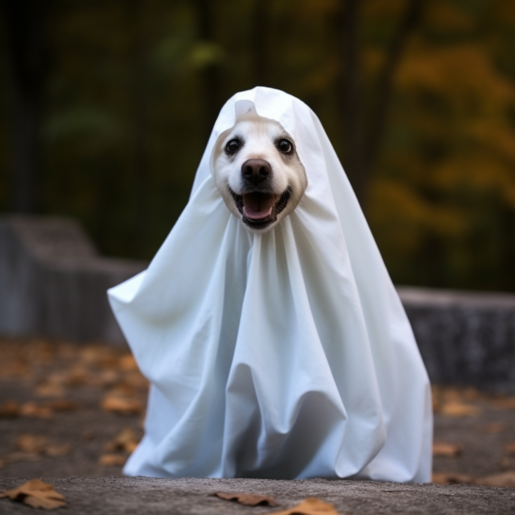 Cute dog wearing ghost costume