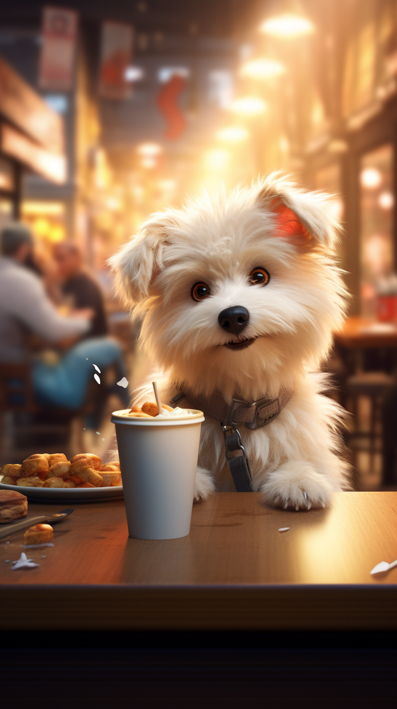 Cute dog in cafe with coffee