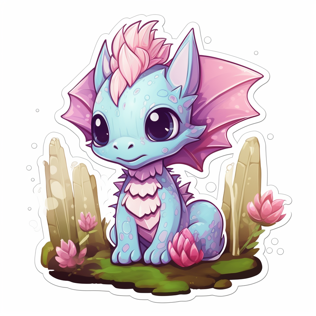 Adorable dragon surrounded by fairy grass and dewdrops